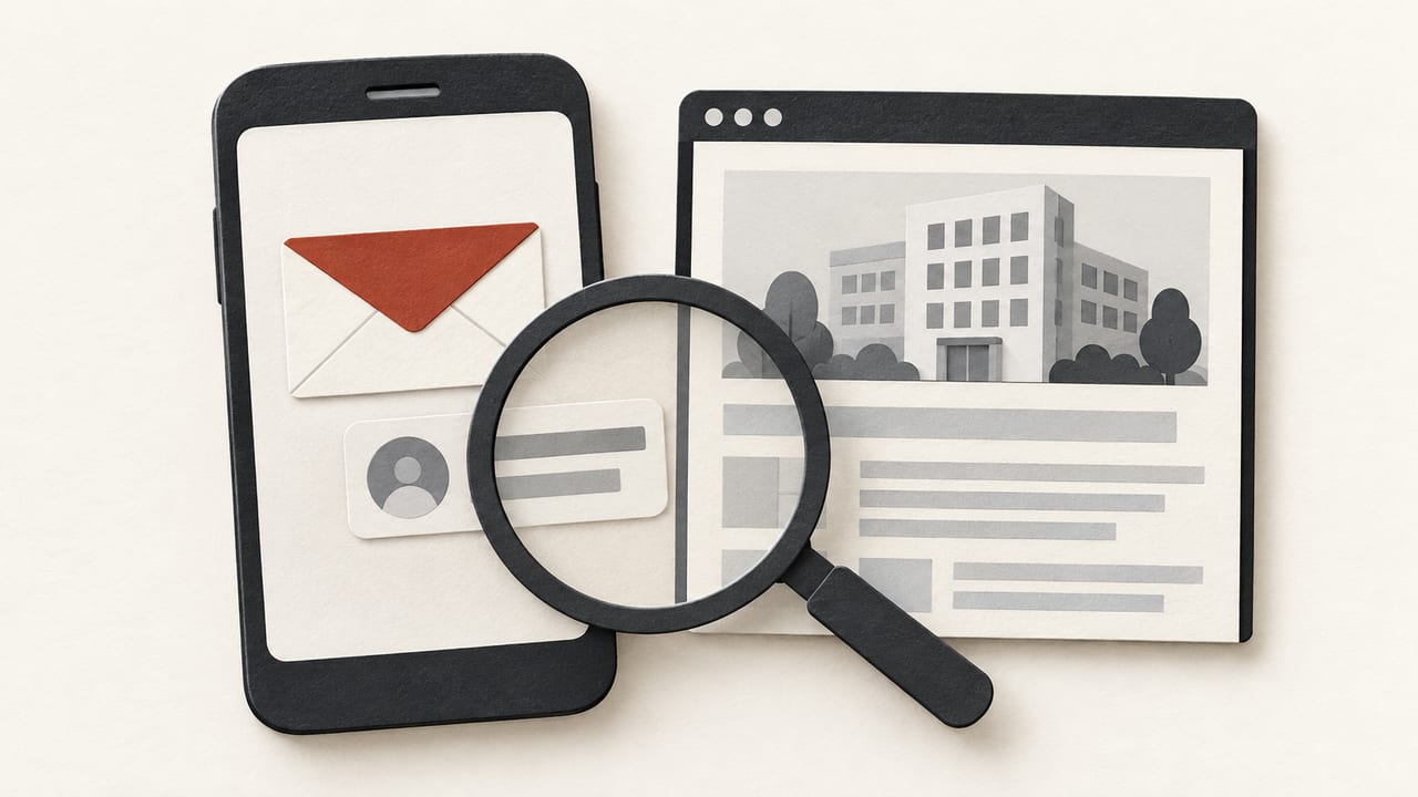 メールの封筒を表示したスマートフォンと、別の公式サイト画面を虫眼鏡で照合する概念イラスト